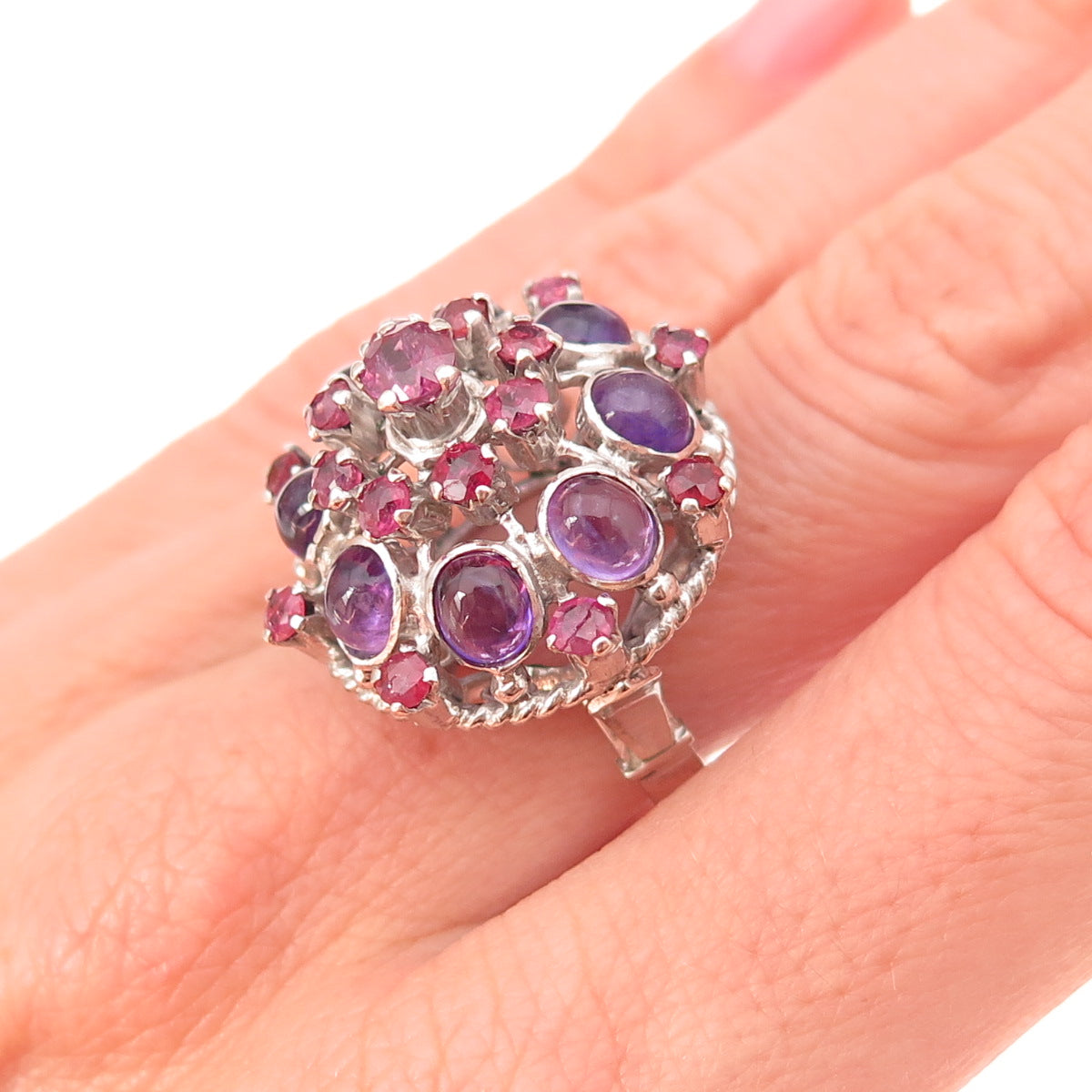 925 Sterling Silver Antique Art Deco Real Ruby & Amethyst Ring Size 7.25