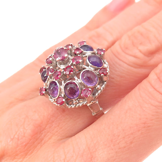 925 Sterling Silver Antique Art Deco Real Ruby & Amethyst Ring Size 7.25