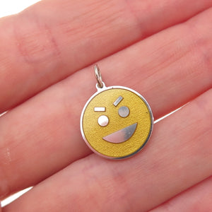 925 Sterling Silver Yellow Enamel Smirking Face Emoji Charm Pendant