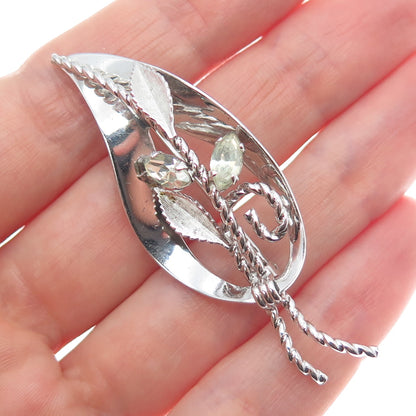 VAN DELL 925 Sterling Silver Antique Art Deco Rhinestone Leaf Pin Brooch