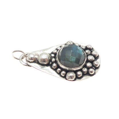 925 Sterling Silver Vintage Real Labradorite Modernist Beaded Oxidized Pendant