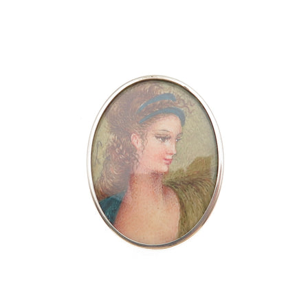 800 Silver Vintage Italy Hand-Painted Lady Portrait Pin Brooch Pendant