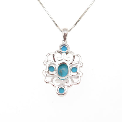925 Sterling Real Sleeping Beauty Turquoise Floral Box Chain Necklace 18-20"