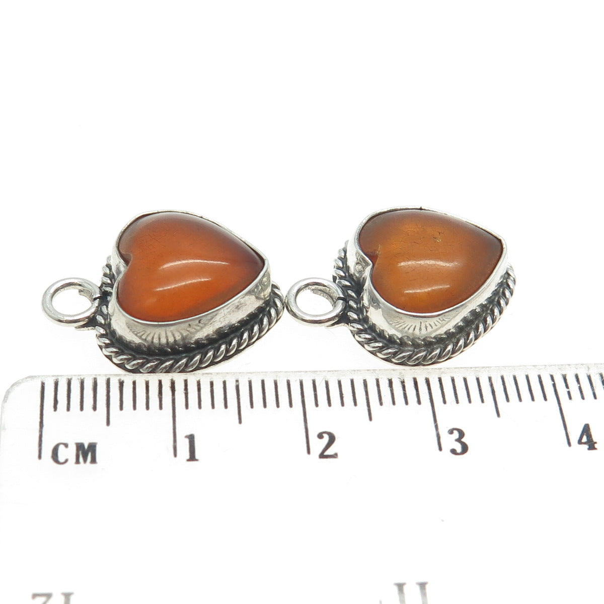 925 Sterling Silver Vintage Real Fire Amber Heart Jacket Earrings