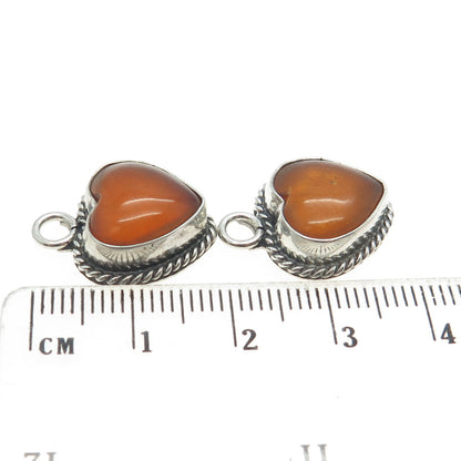 925 Sterling Silver Vintage Real Fire Amber Heart Jacket Earrings