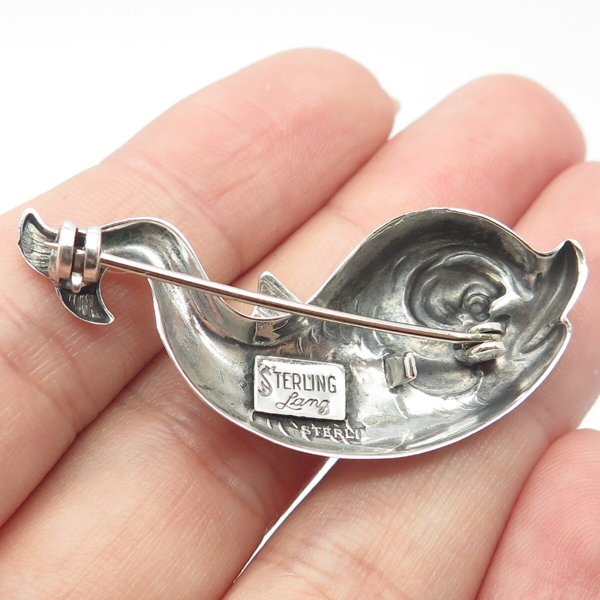 925 Sterling Silver Vintage Lang Fish Ornate Pin Brooch