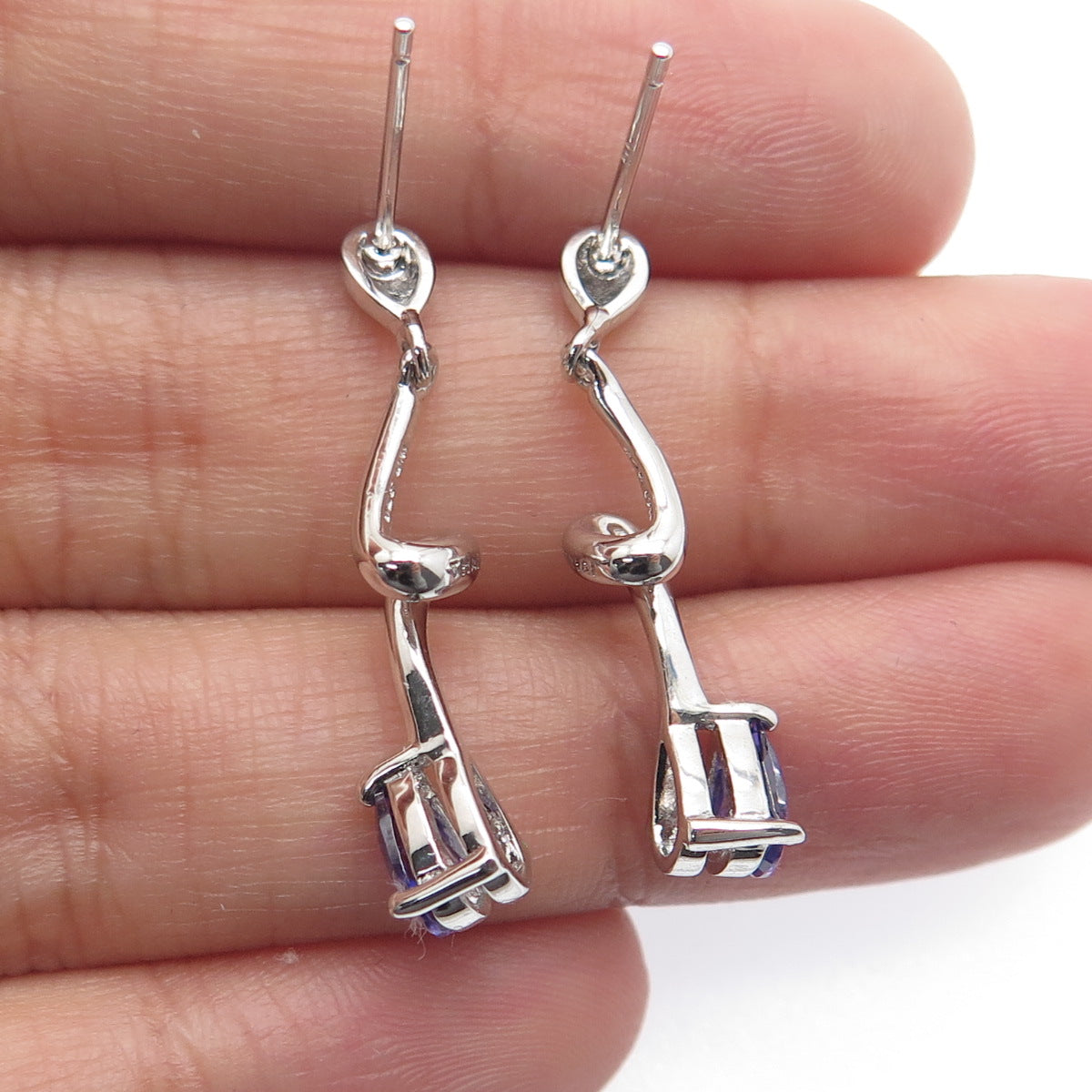 925 Sterling Silver Real Pear-Cut Amethyst Zig Zag Dangle Earrings