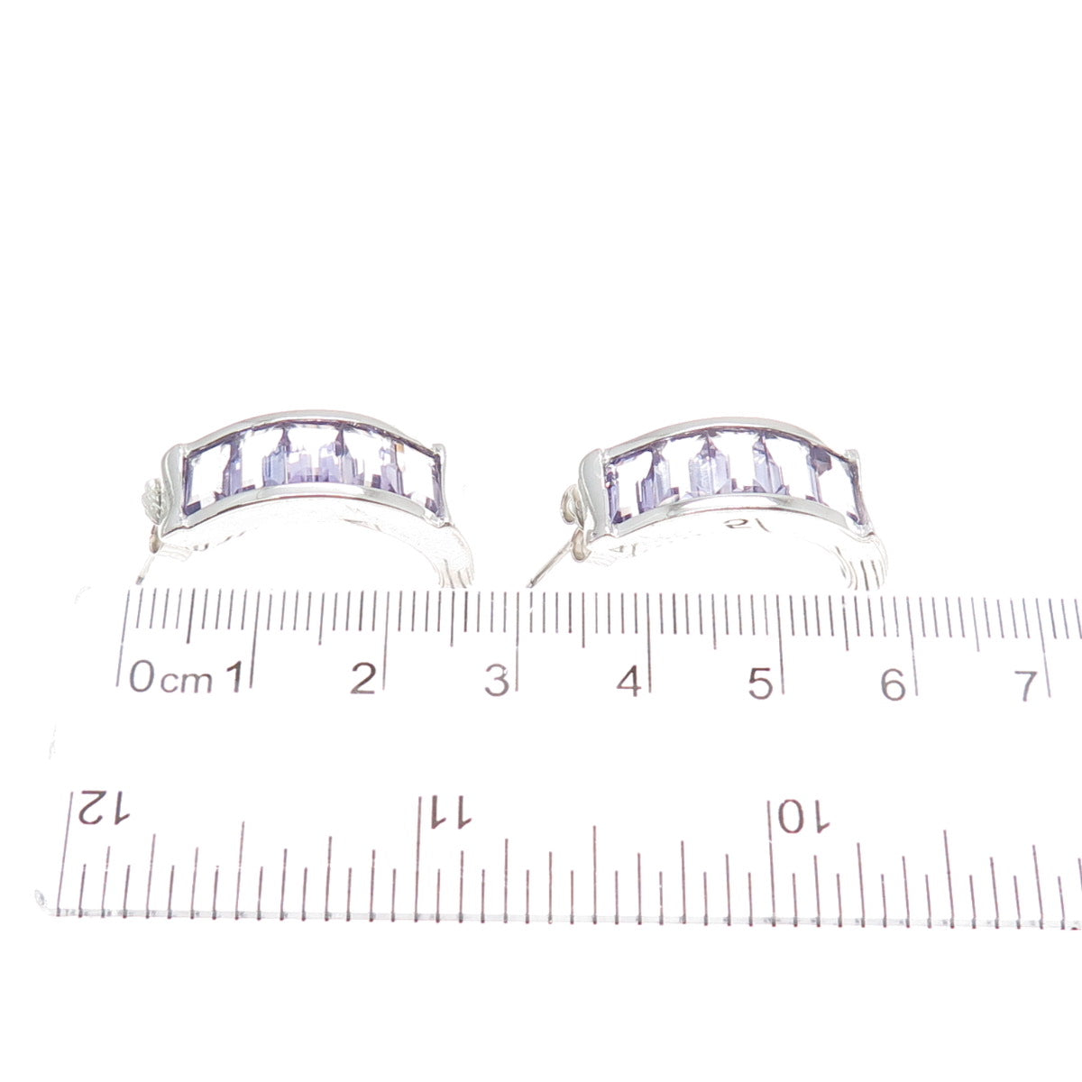 925 Sterling Silver Real Emerald-Cut Amethyst Half Hoop Earrings