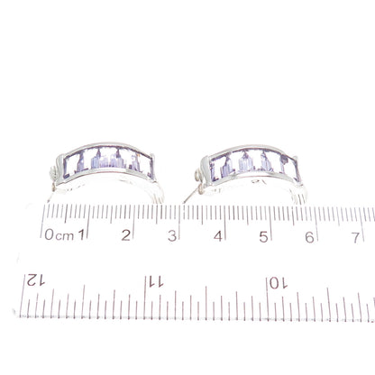 925 Sterling Silver Real Emerald-Cut Amethyst Half Hoop Earrings