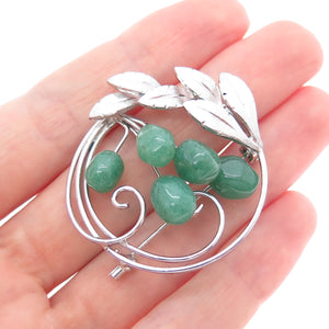 925 Sterling Silver Antique Art Deco Real Aventurine Floral Pin Brooch