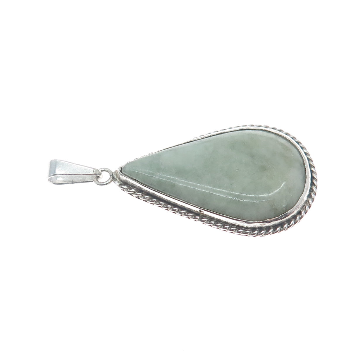 925 Sterling Silver Vintage Real Jade Gemstone Roped Bezel Teardrop Pendant