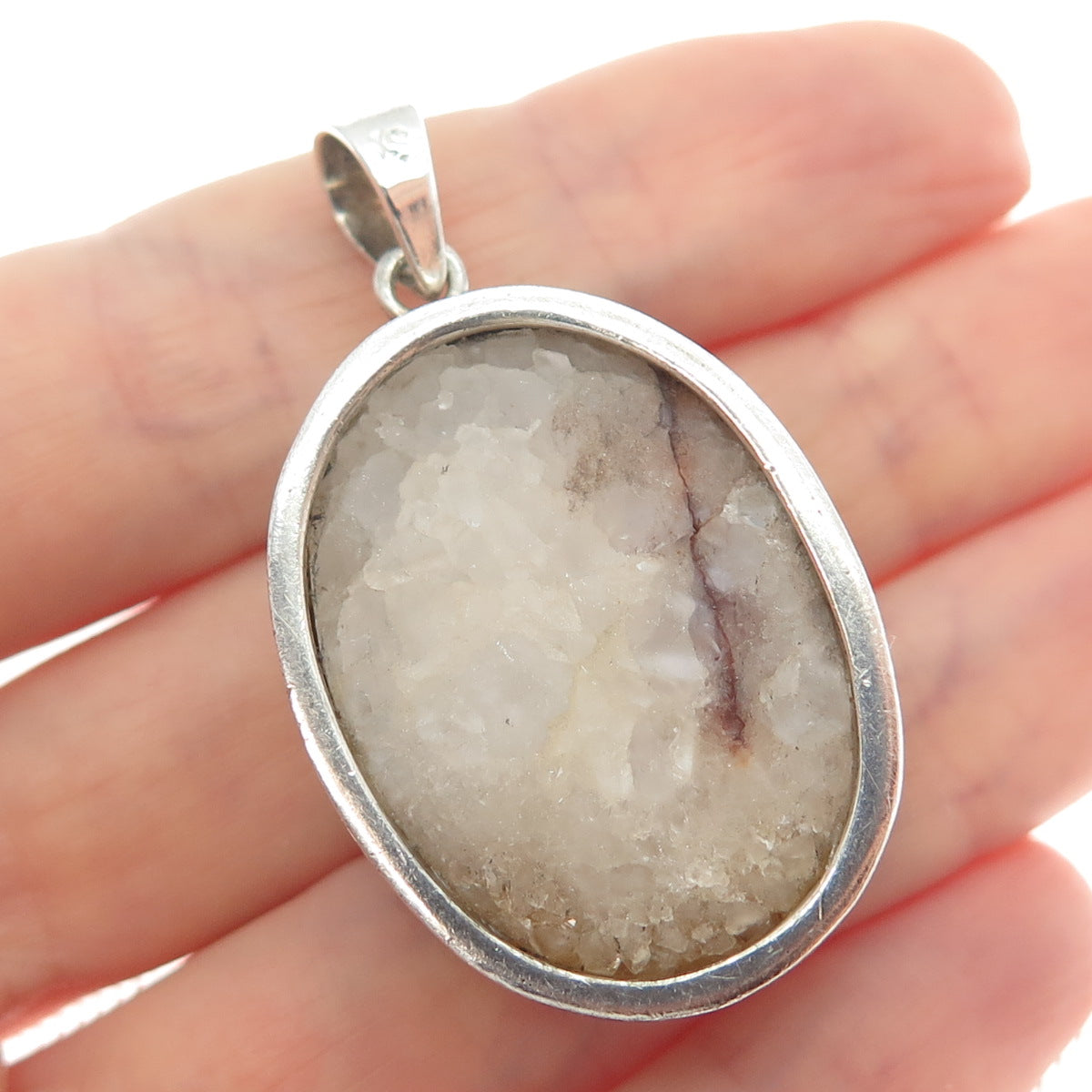 925 Sterling Silver Vintage Real Druzy Quartz Modernist Pendant