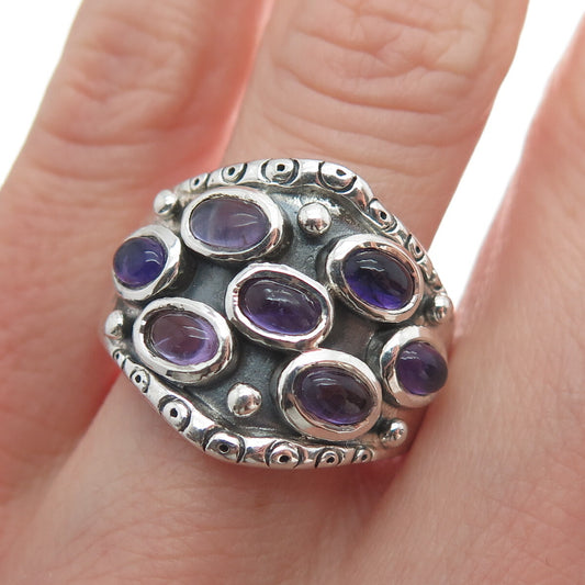 925 Sterling Silver Vintage Real Amethyst Modernist Oxidized Ring Size 9.75