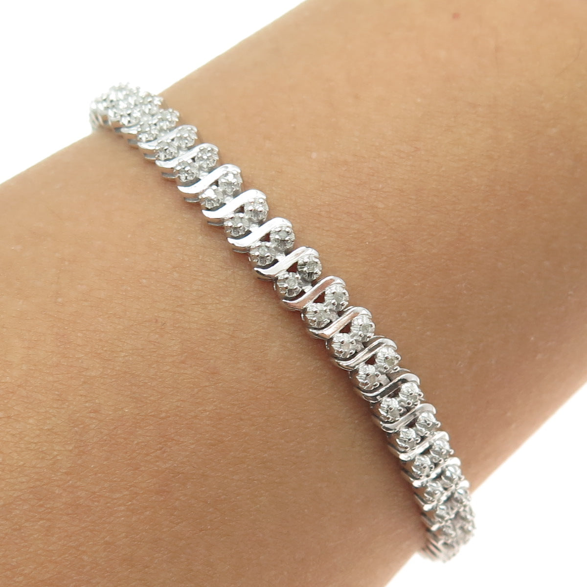 DBJ DEE BERKLE Sterling Silver Real Round-Cut Diamond Wavy Link Bracelet 7.25"