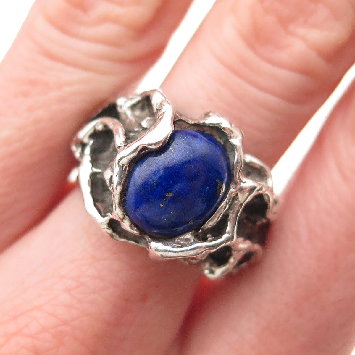 925 Sterling Silver Vintage Real Lapis Modernist Oxidized Ring Size 9
