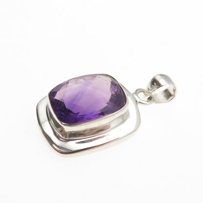 925 Sterling Silver Vintage Real Cushion-Cut Amethyst Charm Pendant