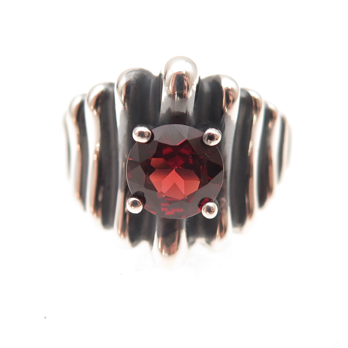 925 Sterling Silver Vintage Real Red Garnet Modernist Oxidized Ring Size 6.25