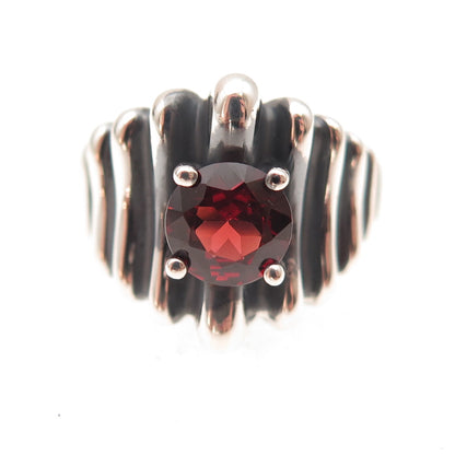 925 Sterling Silver Vintage Real Red Garnet Modernist Oxidized Ring Size 6.25