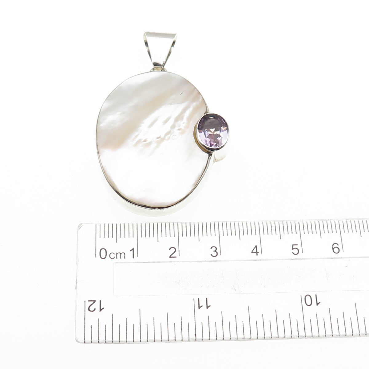 925 Sterling Silver Vintage Real MOP & Amethyst Modernist Pendant