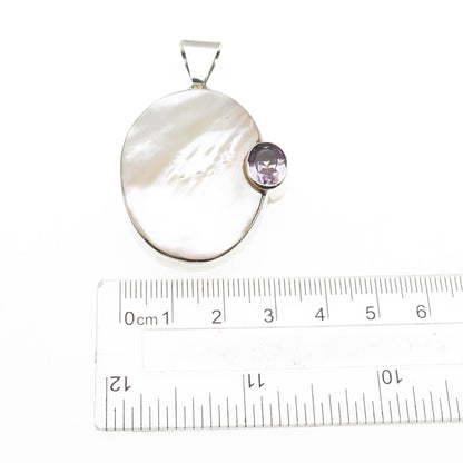 925 Sterling Silver Vintage Real MOP & Amethyst Modernist Pendant