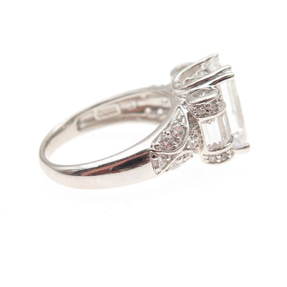 925 Sterling Silver Round & Emerald-Cut C Z Engagement Ring Size 8