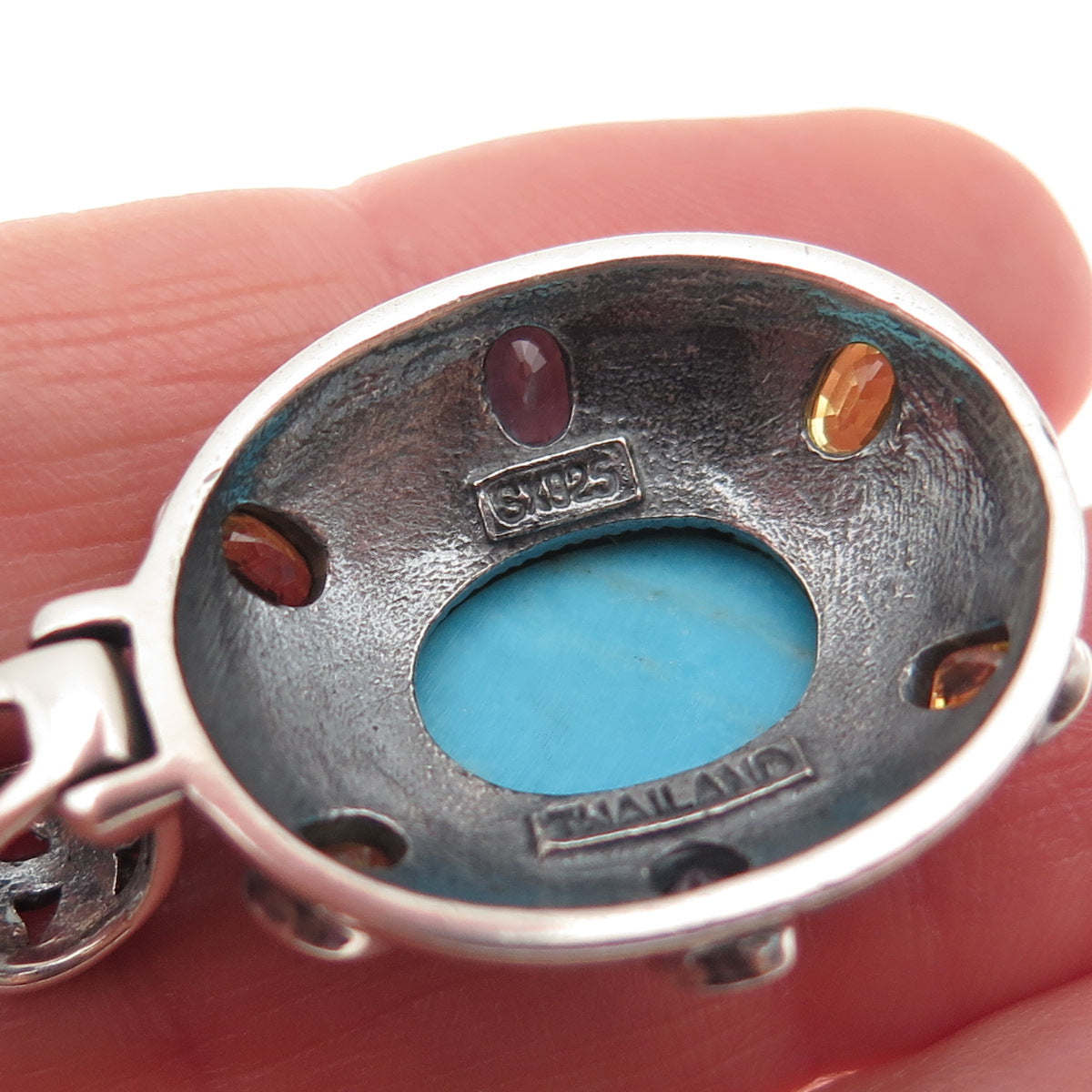 SX Sally C 925 Sterling Vintage Real Turquoise Blue & Yellow Sapphire Pendant