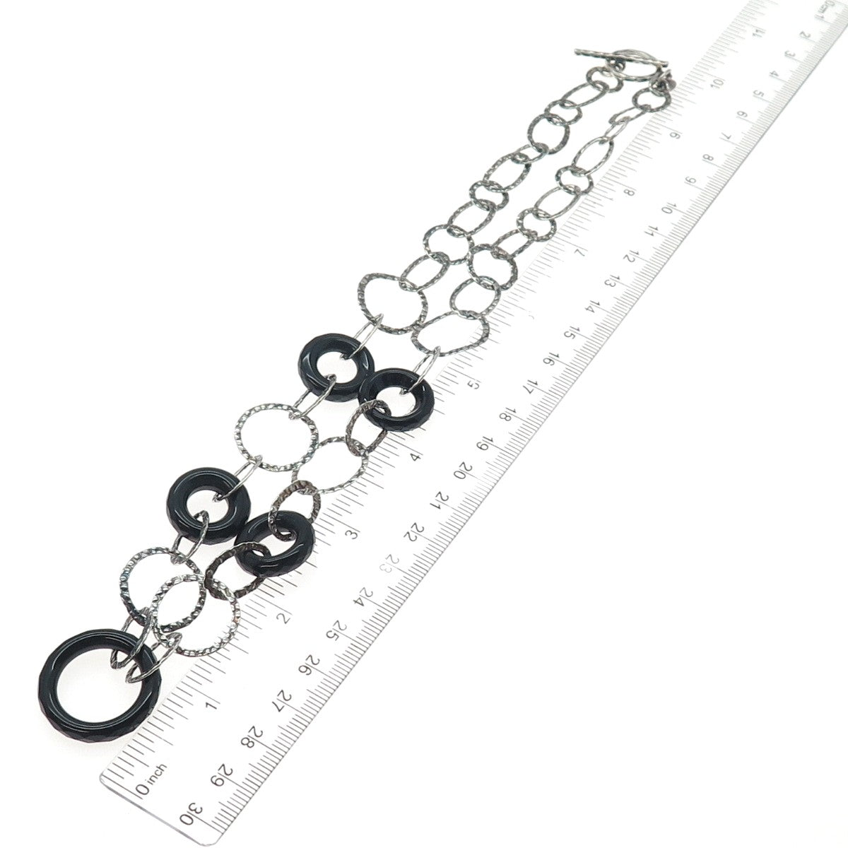925 Sterling Silver Vintage Real Black Onyx Multi-Circle Chain Necklace 18"