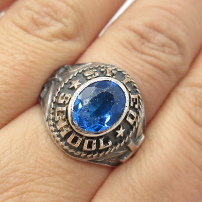 925 Sterling Silver Vintage Blue Glass "St. Leo" School Ring Size 7