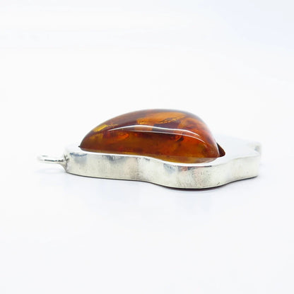 925 Sterling Silver Vintage Real Amber Modernist Pendant