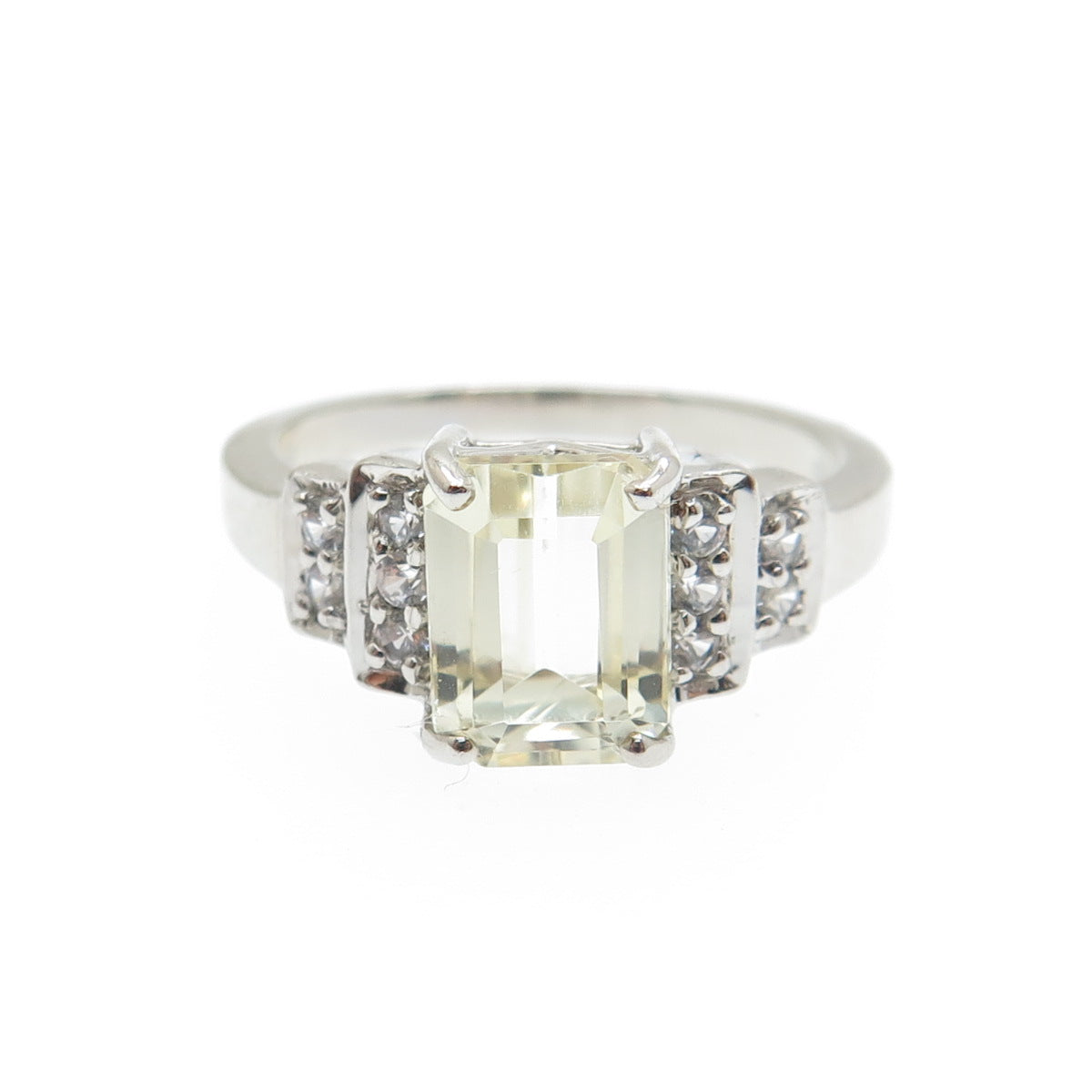 925 Sterling Silver Real Emerald-Cut Citrine & White Topaz Ring Size 6