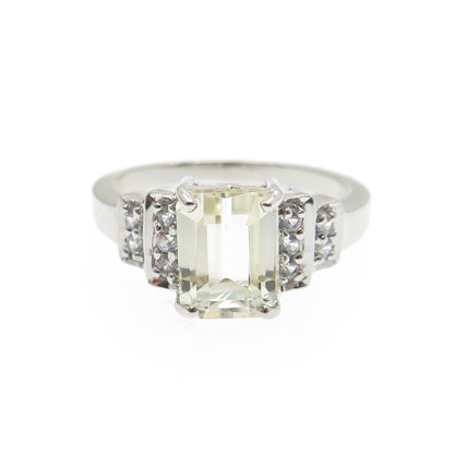 925 Sterling Silver Real Emerald-Cut Citrine & White Topaz Ring Size 6