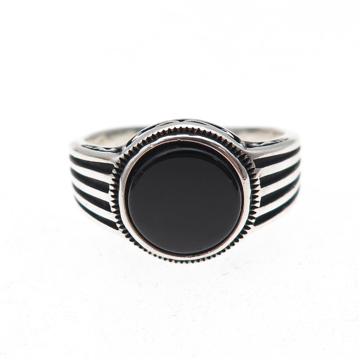 925 Sterling Silver Vintage Real Black Onyx Modernist Oxidized Ring Size 10.5
