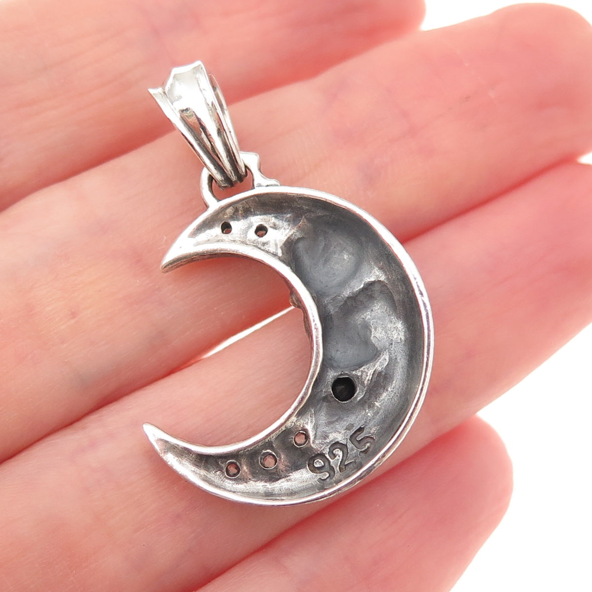 925 Sterling Silver Vintage Real Black Spinel & C Z Skull Crescent Biker Pendant