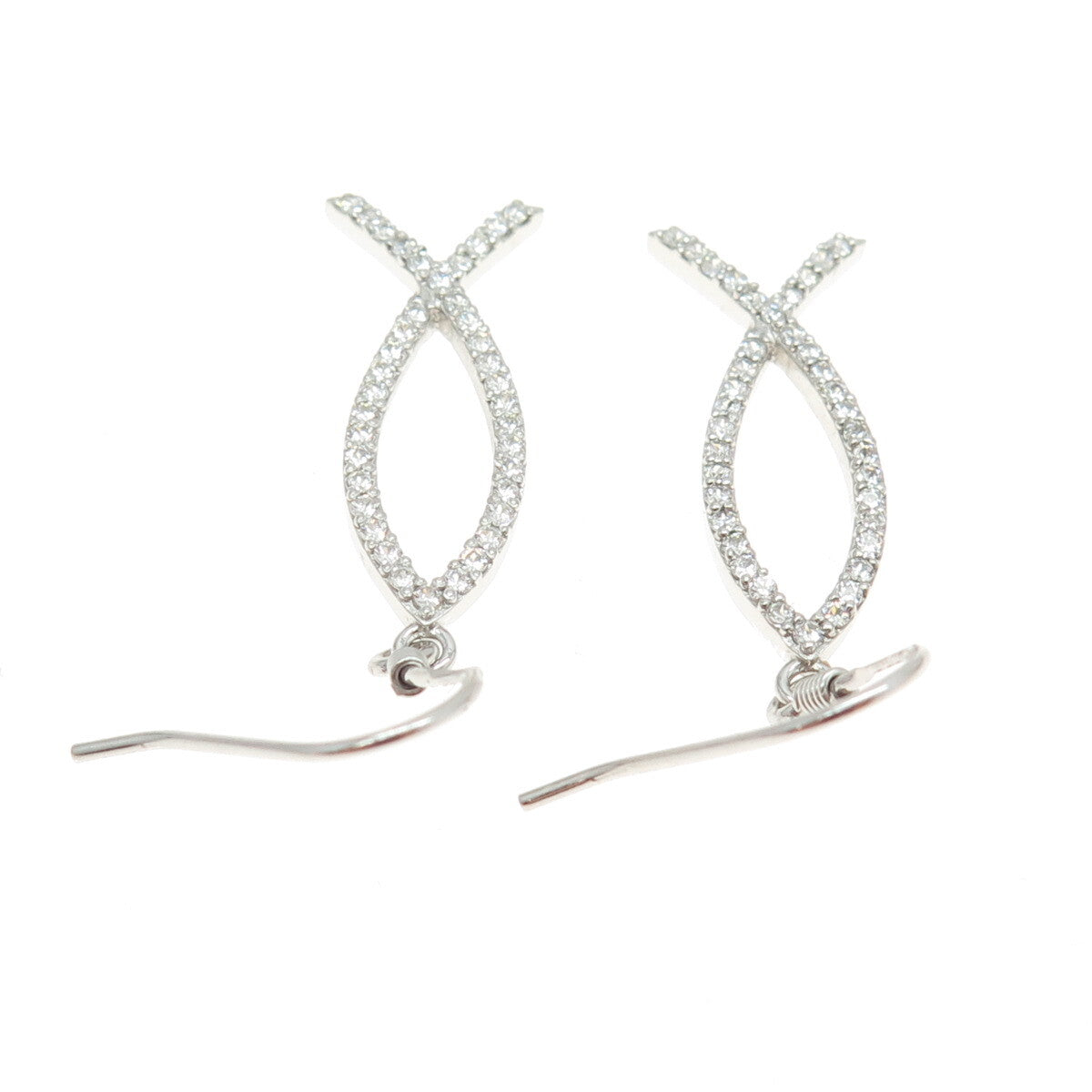 925 Sterling Silver Round-Cut Shaped C Z Ichthys Fish Dangling Hook Earrings