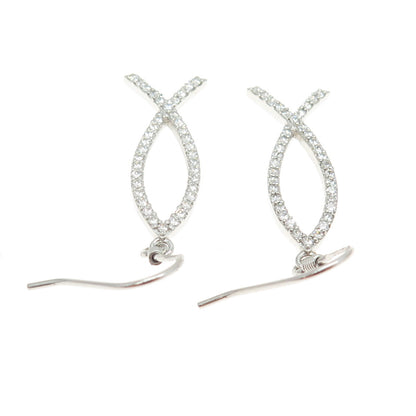 925 Sterling Silver Round-Cut Shaped C Z Ichthys Fish Dangling Hook Earrings