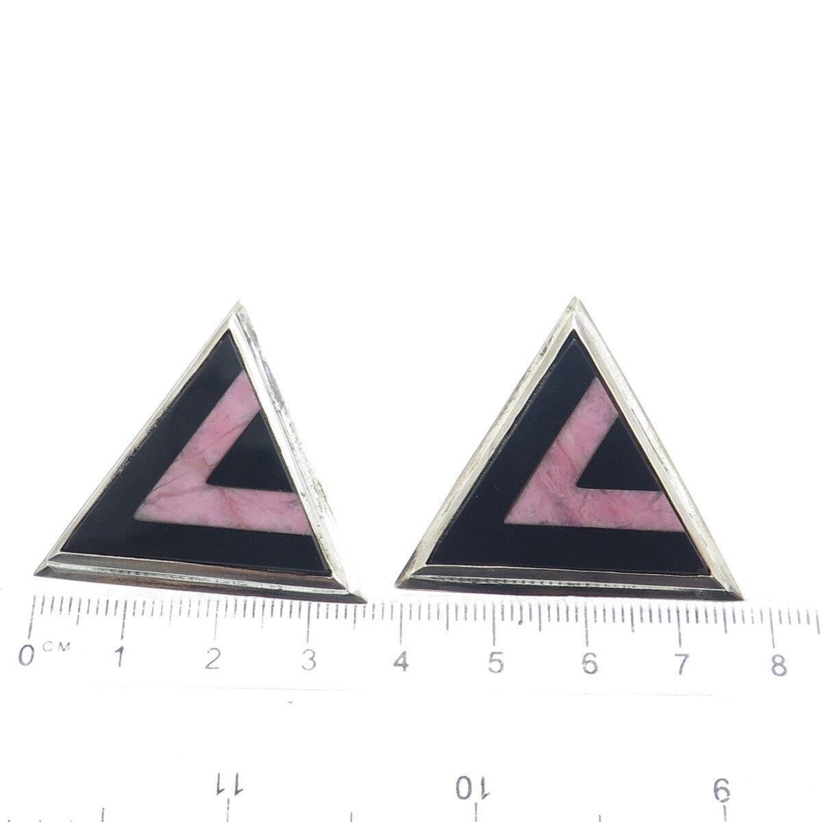925 Sterling Silver Vintage Real Black Onyx Rhodonite Triangle Clip On Earrings