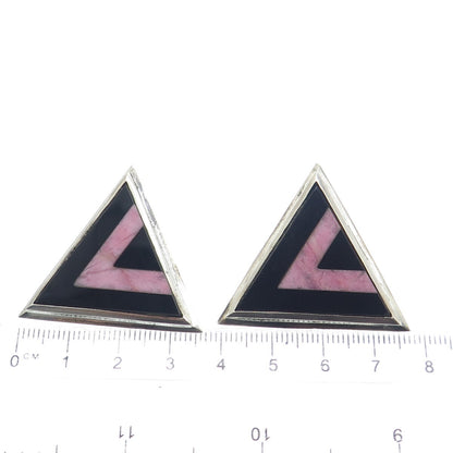 925 Sterling Silver Vintage Real Black Onyx Rhodonite Triangle Clip On Earrings