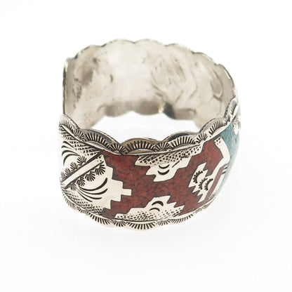Indian Hand Made Jewelry Old Pawn Sterling Turquoise Coral Inlay Bracelet 6.25"