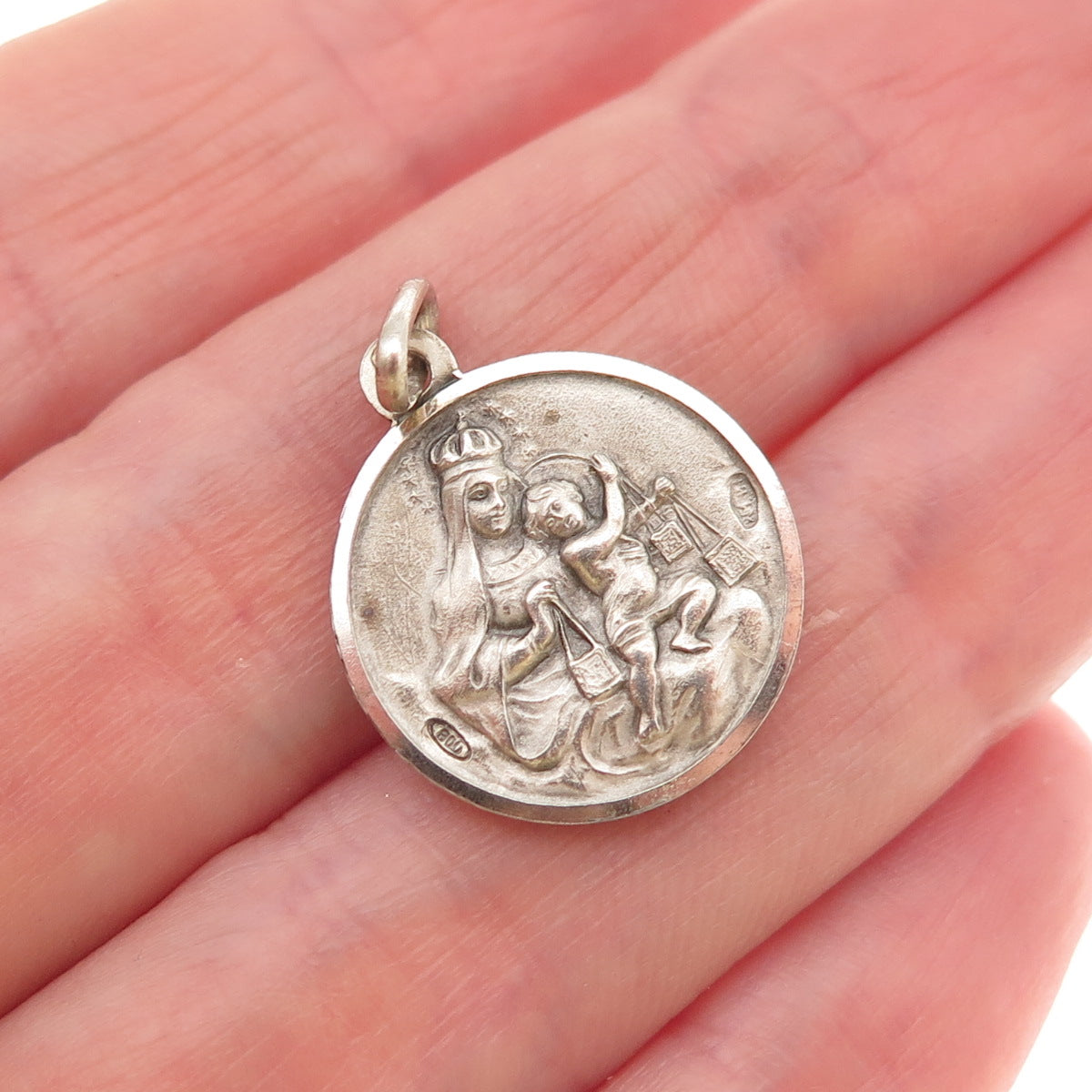 800 Silver Vintage Italy Jesus St. Mary Oxidized Mini Charm Pendant