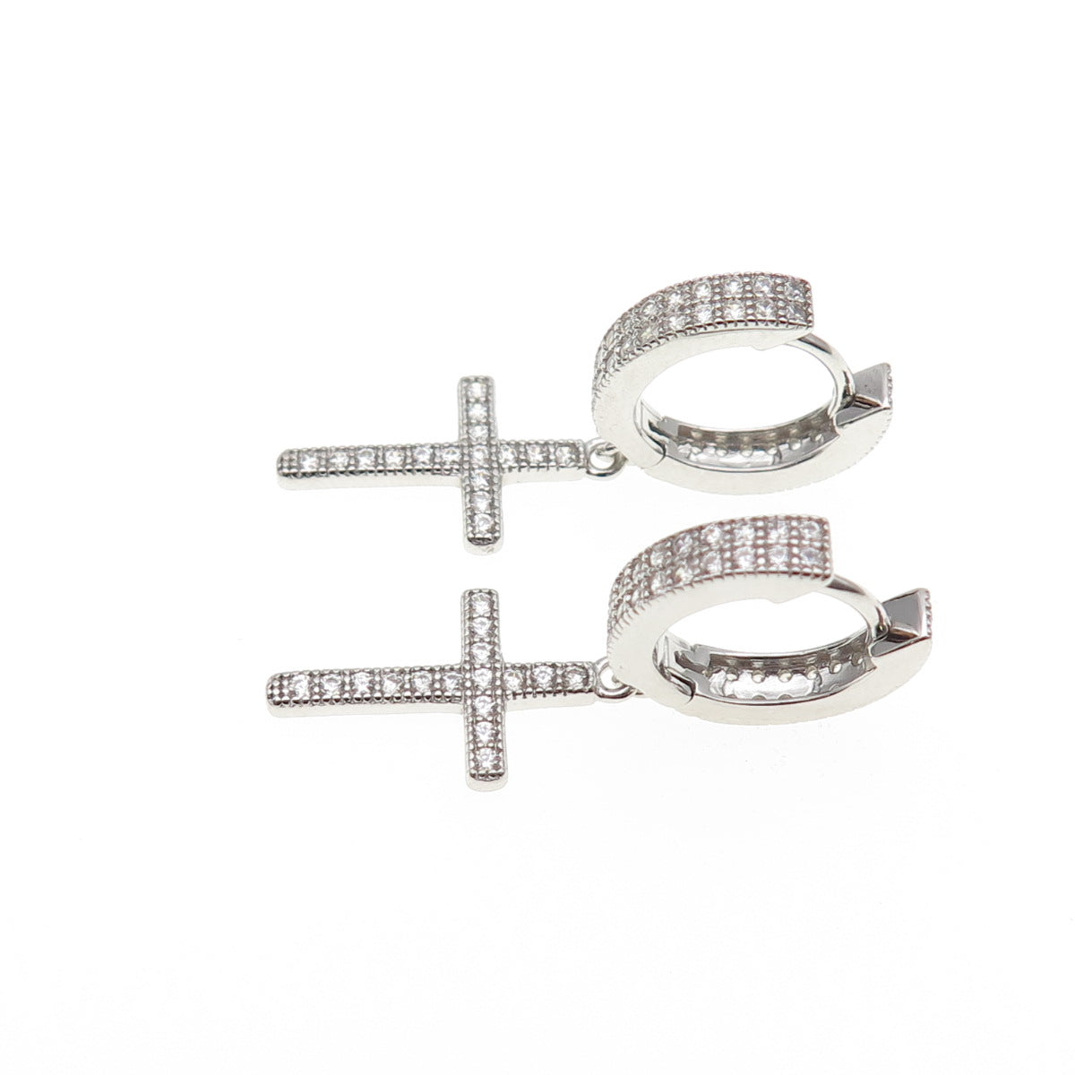 925 Sterling Silver Round-Cut C Z Dangle Cross Hoop Earrings