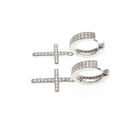 925 Sterling Silver Round-Cut C Z Dangle Cross Hoop Earrings