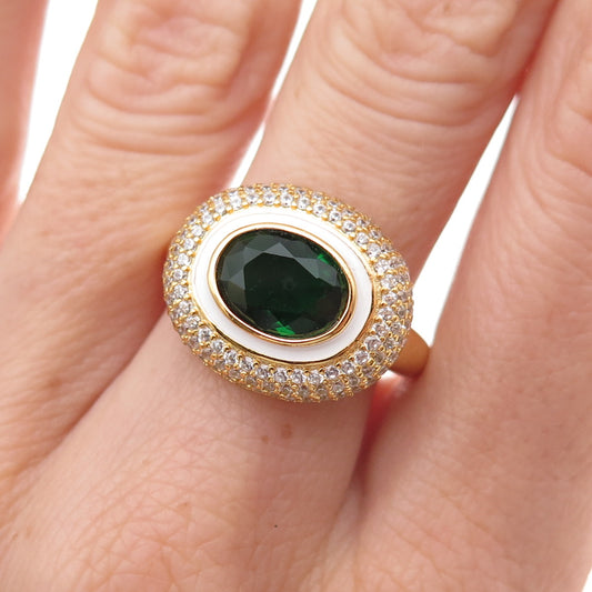 925 Sterling Silver Gold Plated Green & White C Z Ring Size 8