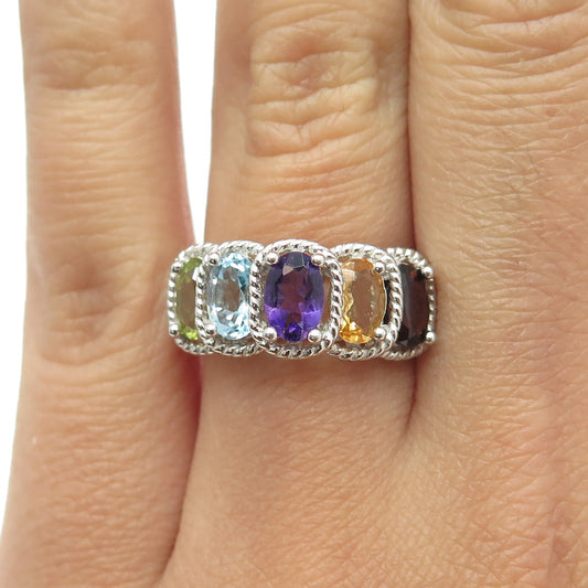 925 Sterling Silver Amethyst Topaz Citrine Garnet Peridot Gem & C Z Ring Size 6