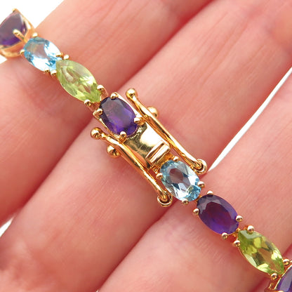 925 Sterling Gold Plated Vintage Real Blue Topaz Peridot Amethyst Bracelet 7.75"
