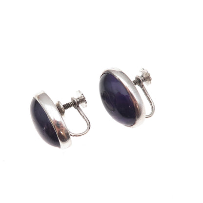 925 Sterling Silver Vintage Mexico Real Amethyst Oxidized Screw Back Earrings