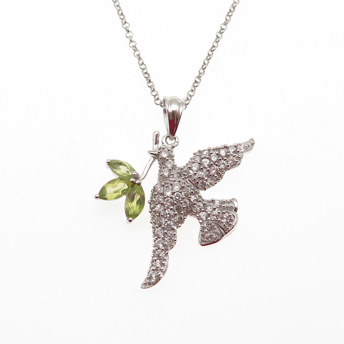 925 Sterling Silver Real Peridot & White Topaz Peace Dove Bird Necklace 16-18"