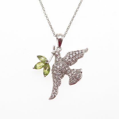 925 Sterling Silver Real Peridot & White Topaz Peace Dove Bird Necklace 16-18"