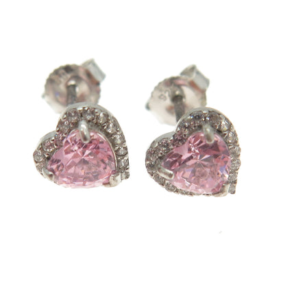 925 Sterling Silver Heart & Round-Cut Pink White C Z Stud Earrings