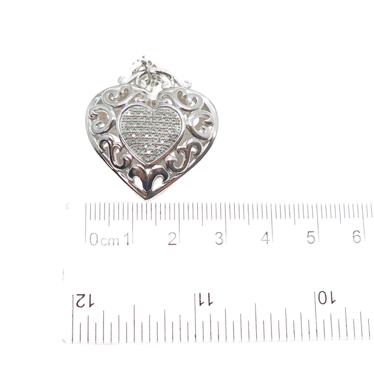 925 Sterling Silver Real Round-Cut Diamond Ornate Heart Charm Pendant