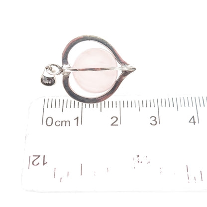 925 Sterling Silver Vintage Real Rose Quartz Heart Cage Charm Pendant